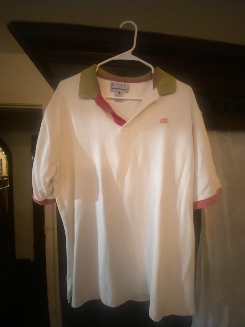Gear For Sports White Polo with Green Collar and Pink Trim